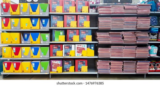 Houston, Texas USA 08-09-2019: Back To School Supplies Arranged On A Supermarket Shelf With An Assortment Of Binders, Folders, Notebooks And Backpacks. Summer Vacation Is Over, Kids Go Back To School.