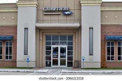 Houston, Texas USA 11-12-2021: Chartway Federal Credit Union Exterior In Houston TX. Financial Institution Facade And Front Entrance, Founded In 1959.