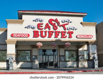 Houston, Texas USA 11-12-2021: East Buffet Storefront Main Entrance In Houston TX. Chinese Food And Mongolian Grill Restaurant.