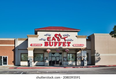 Houston, Texas USA 11-12-2021: East Buffet Storefront Main Entrance In Houston TX. Chinese Food And Mongolian Grill Restaurant With Copy Space.