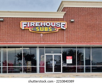 Houston, Texas USA 12-03-2021: Firehouse Subs Business Storefront Exterior In Houston, TX. American Restaurant Chain Founded In 1994.