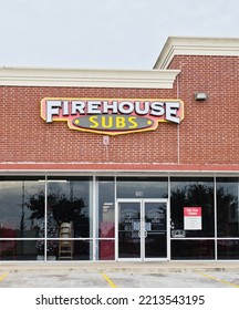 Houston, Texas USA 12-03-2021: Firehouse Subs Business Storefront Exterior In Houston, TX. American Restaurant Chain Founded In 1994.