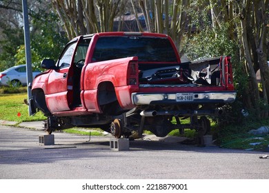 Houston, Texas USA 2021 Stolen And Stripped Pick-up Truck Found Hoisted With Bricks And Deserted