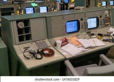 HOUSTON, TEXAS, USA- AUGUST 10, 2019-  Inside The Historic Christopher C. Kraft Jr. Mission Control Center At The Johnson Space Center In Houston Texas