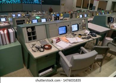 HOUSTON, TEXAS, USA- AUGUST 10, 2019-  Inside The Historic Christopher C. Kraft Jr. Mission Control Center At The Johnson Space Center In Houston Texas