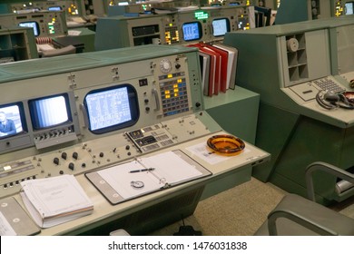 HOUSTON, TEXAS, USA- AUGUST 10, 2019-  Inside The Historic Christopher C. Kraft Jr. Mission Control Center At The Johnson Space Center In Houston Texas