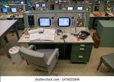 HOUSTON, TEXAS, USA- AUGUST 10, 2019-  Inside The Historic Christopher C. Kraft Jr. Mission Control Center At The Johnson Space Center In Houston Texas