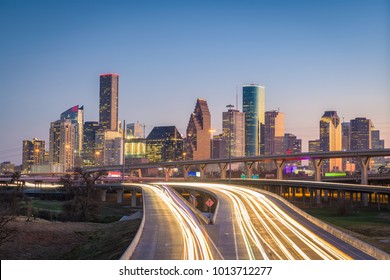 Houston, Texas, USA Downtown City Skyline And Highway.