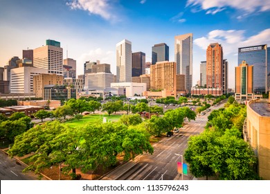 Houston, Texas, USA downtown city skyline over Root Square.