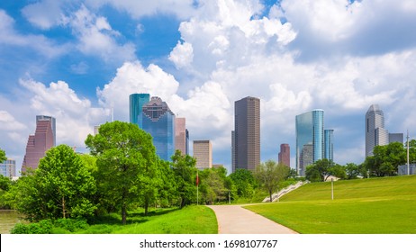 Houston, Texas, USA Downtown City Skyline And Park In The Afternoon.