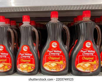 Houston, Texas, USA - February 22, 2022: Pearl Milling Company Original Syrup 36 Oz Bottles For Sale On The Shelves In A Store.  