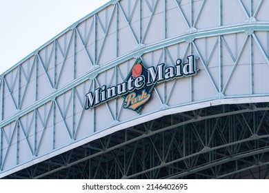 Houston, Texas, USA - February 27, 2022: Minute Maid Park sign on the building in Houston, Texas, USA. Minute Maid Park is a retractable roof stadium in downtown Houston. 