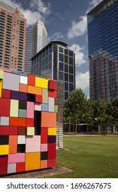 Houston, Texas, USA – July 29, 2013: Vertical View Of The Colorful “Synchronicity Of Color “(or “The Art Boxes”, Color Block Wall By Margo Sawyer) At Discovery Green Public Urban Park In Downtown