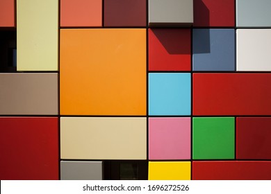 Houston, Texas, USA – July 29, 2013: Horizontal Close-up View Of The Colorful “Synchronicity Of Color “(The Art Boxes, Color Block Wall By Margo Sawyer) At Discovery Green Public Urban Park, Downtown