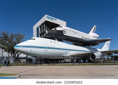  
Houston, Texas, USA - March 12, 2022: Boeing 747-123 ‘N905NA’ with replica Space Shuttle Orbiter “Independence” at Independence Plaza in Space Center Houston, Texas, USA on March 12, 2022. 
