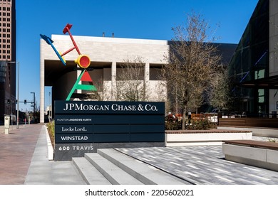 Houston, Texas, USA - March 13, 2022: An Office Directory Ground Sign Outside JPMorgan Chase And Co. Tower In Houston, Texas, USA.
