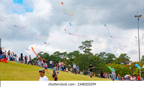 Houston, Texas, USA March, 24th, 2019. Hermann Park Conservancy Kite Festival In Houston Texas. People Flying Kites Held At  Hermann Park And Miller Theatre
