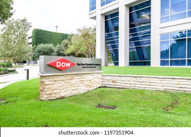 Houston, Texas, USA - September 22, 2018: Sign of Dow at Houston Dow Center, Dow is an American multinational chemical corporation. 
