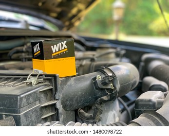 Houston, Texas/United States Of America- August 15 2019: Wix Oil Filter Sitting On An Engine Inside Of A Truck Engine Bay.