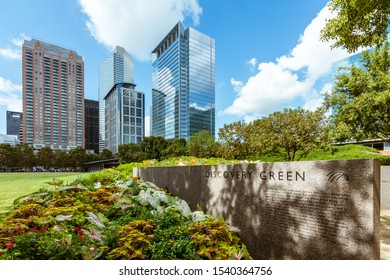 Houston, TX - April 22, 2018: View Of Downtown Skyline From Discovery Green Houston Texas.