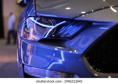 Houston, TX - January 20 2021: A closeup of the headlight assembly on a 2021 Ford Mustang GT on display at the 2021 Houston Summer Auto Show