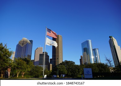 Houston, TX - October 29, 2020: Boys Girls Club Flag And USA Flag With Greater Houston Background. Photo Landscape