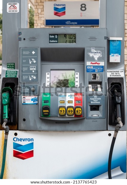 Houston, TX, US - March 21, 2022:\
Gasoline pump detail of price per gallon in Houston\
Texas.