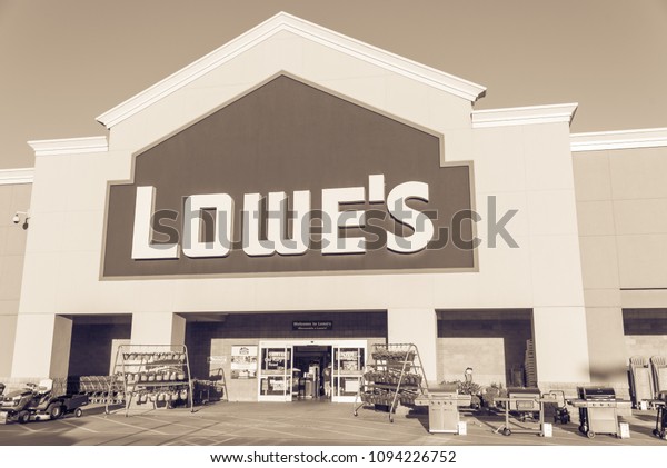 HOUSTON, TX, USA-SEP 30, 2016:Vintage entrance\
exterior to Lowe\'s store. Fortune 500 American company operates a\
chain of retail home improvement, appliance stores in the America,\
Canada, Mexico