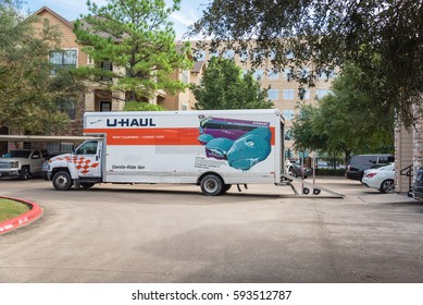 HOUSTON, TX, US-OCT 1, 2016: Side View Of U-Haul Truck Parked, Open Door And Loading Ramp Waiting To Transport. It Is An American Moving Equipment And Storage Rental Company, Based In Phoenix, Arizona