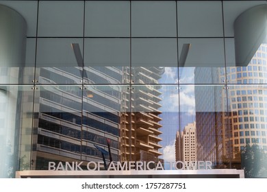 Houston TX/USA-June 2020: Spartan Yet Elegant Entrance To Bank Of America Tower In Downtown Houston Texas