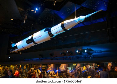 HOUSTON, USA - DEC. 14, 2018: Saturn V rocket model displayed in Johnson Space Center in city of Houston, Texas TX, USA. 