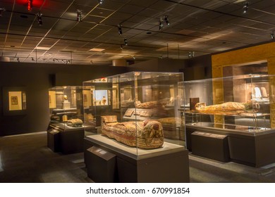 HOUSTON, USA - JANUARY 12, 2017: Exposition of different sarcophagus inside of the building in the Ancient Egypt area, in National Museum of Natural Science in Orlando Houston in USA