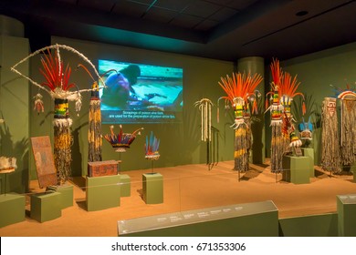 HOUSTON, USA - JANUARY 12, 2017 : Exposition of national indian clothes with feathered hats at National Museum of Natural Science in Orlando Houston in USA