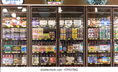 HOUSTON,US-AUG 21,2016:Various Bottles Of Craft, Microbrew, IPA, Domestic And Imported Beers From Around The World On Shelf Display In Supermarket Cooler.Alcohol Drink Background, Different Beer Style