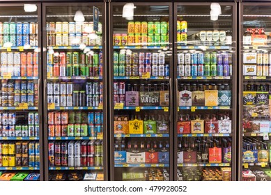 HOUSTON,US-AUG 21,2016:Various Bottles Of Craft, Microbrew, IPA, Domestic And Imported Beers From Around The World On Shelf Display In Supermarket Cooler.Alcohol Drink Background, Different Beer Style