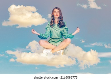 Hovering in air. Calm peaceful relaxed girl ruffle dress levitating with mudra gesture hands up, closed eyes, meditating sitting in yoga position in the sky. collage composition on day cloudy blue sky