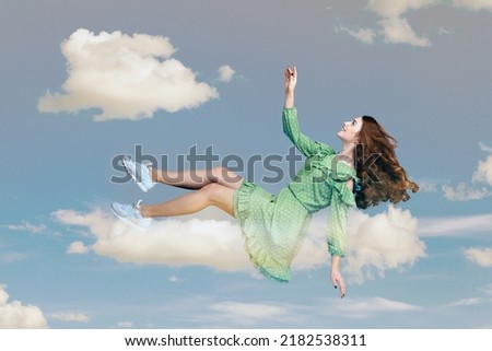 Hovering in air. Cheerful smiling pretty girl in ruffle dress levitating flying in mid-air, looking up happy dreamy and raising hand to catch in the sky. collage composition on day cloudy blue sky