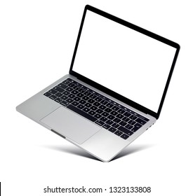 Hovering aluminium laptop with blank screen and new design, isolated on a white background. - Shutterstock ID 1323133808