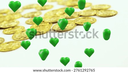 Hovering cluster of glossy green 3D hearts floating over white tabletop, showing stacked gold coins. Currency, prosperity, emerald, studio, stilllife, reflective, symmetry