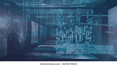 Hovering code column illuminating digital corridor, streaming holographic code and grid floor. Futuristic, digital, technology, virtual, immersive, cyber, abstract