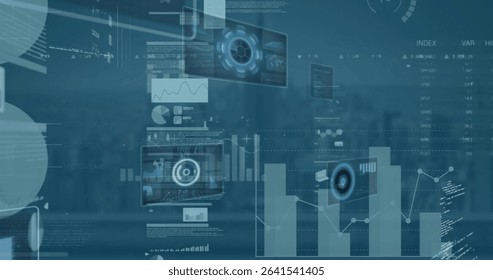 Hovering data interface overlaying skyline view with panels showing charts, readouts, HUD elements. Technology, innovation, analytics, futurism, digital, data, dashboard
