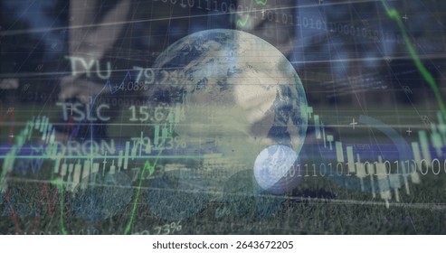 Hovering Earth globe merging with floating candlestick charts over golf turf, resting golf ball. Global, finance, investment, technology, business, data, analytics