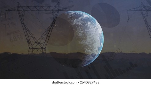 Hovering Earth sphere over mountain ridge at twilight, with transmission towers and data overlays. Globes, infrastructure, analytics, technology, nature, sustainability, futurism