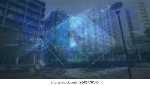 Hovering large metallic padlock above riverside walkway, with numeric codes and circuit overlay. Cybersecurity, data protection, digital infrastructure, urban technology, security interface,