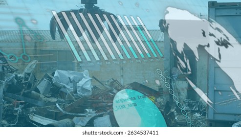 Hovering mechanical crane claw moving above scrap pile at scrap yard, with digital data overlay. Industrial, machinery, urban, technology, construction, data visualization, engineering