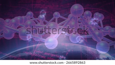 Hovering molecular structure of spheres and rods over Earth arc in space, with digital code streams. Futuristic, digital, technology, network, connectivity, sci-fi, abstract