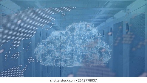 Hovering network cloud graphic glowing in server corridor, with dotted world map overlay. Technology, data, infrastructure, digital, connectivity, cybersecurity, futuristic