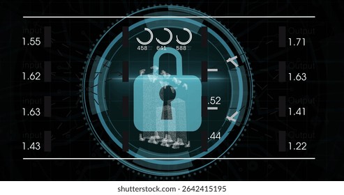 Hovering padlock icon over security dashboard, with concentric HUD rings and data gauges. Cybersecurity, encryption, digital, technology, interface, data, protection