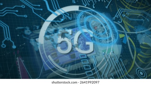 Hovering semi-transparent 5G logo above digital interface environment, with concentric HUD rings. Technology, connectivity, innovation, digital, cyber, networking, futuristic