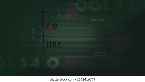 Hovering 'Tea time' text over circuit display with binary code squares and glitch overlays. Digital, futuristic, cyber, technology, innovation, abstract, interface